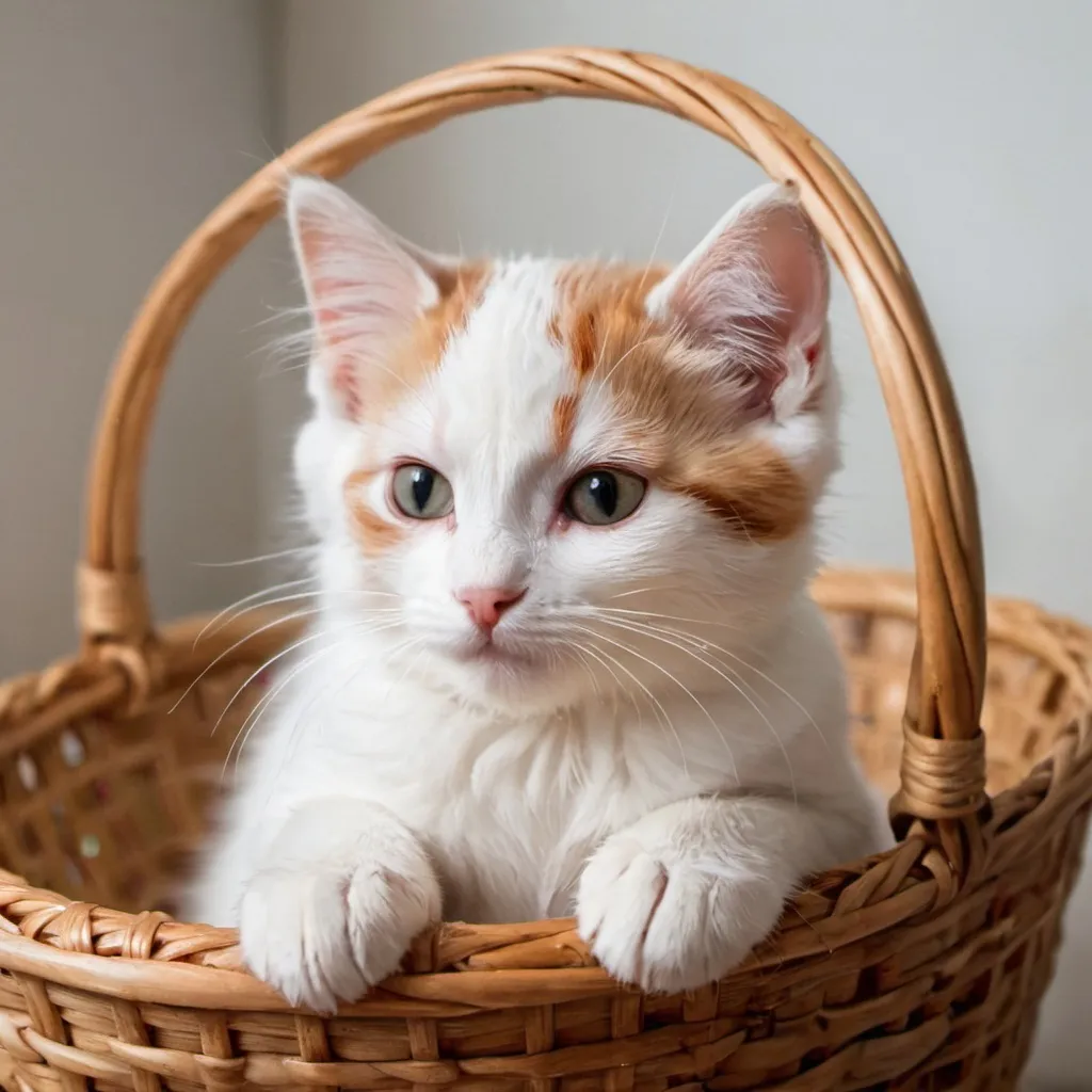 Prompt: A small white cute cat with red hair band on its head sitting in a basket 