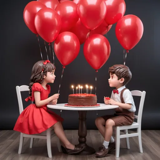 Prompt: A boy and a cute girl sitting on chairs in front of table both wearing red dress background decorated with balloons both are looking on each other face, a big 3d chocolate cake on the table, 