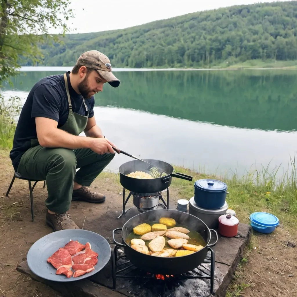 Prompt: Cooking at a lake while fishing 