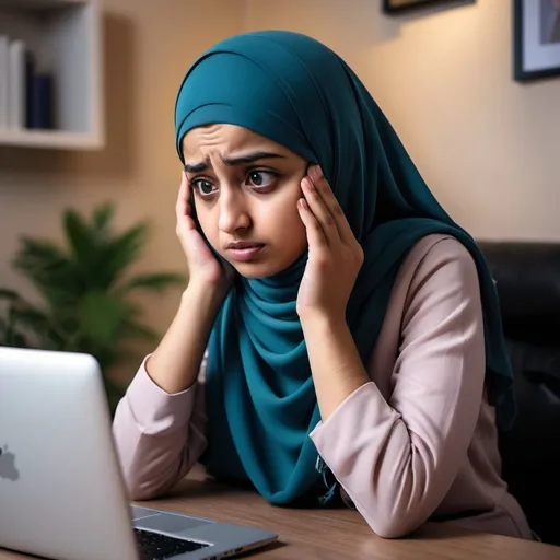 Prompt: A muslim young women is on a video calll, she is worried about her future having anxiety