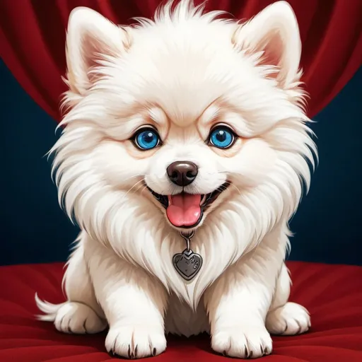 Prompt: Chibi-style white Pompsky dog with blue eyes, cute and fluffy fur, vibrant and lively expression, anime-style, detailed eyes, highres, vibrant colors, soft lighting, white hair only