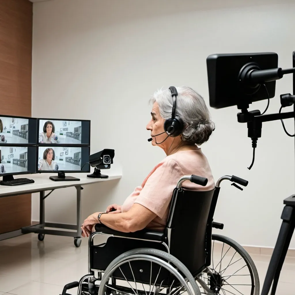 Prompt: Older Spanish woman in wheelchair watching security camera screens with headset