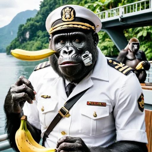 Prompt: Gorilla ships captain wearing summer white uniform. Eating banana on the ships bridge location