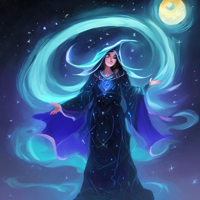 Prompt: She decided to be a magic wizard with a shiny cape that looked like the night sky.