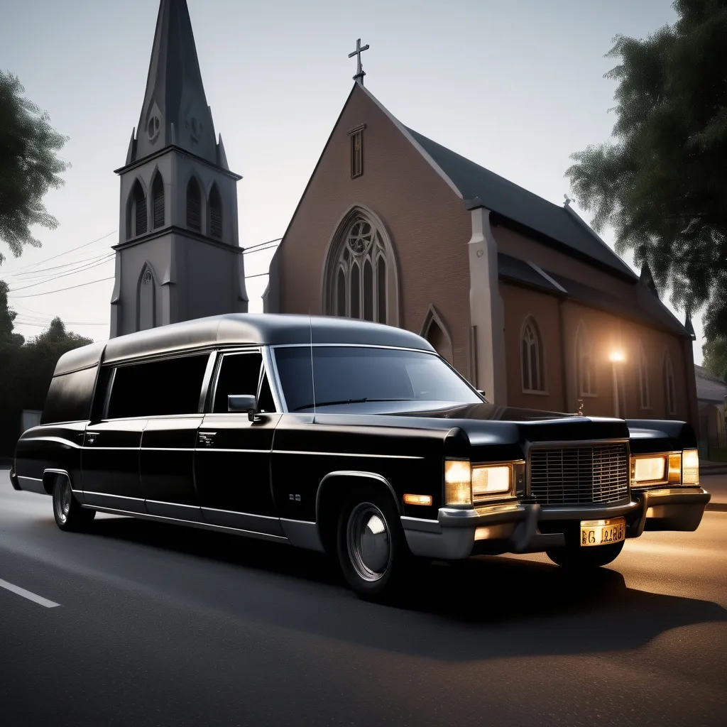 Prompt: Funeral hearse drifting on the street in front of a church, realistic, conematic lighting