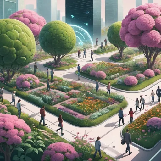 Prompt: An illustration of a garden in future that having lots of small Ai machine. Ai machine comes as a flower through road . People walking there to seeds their ideas in them. People can see the results of their idea on a screen above them