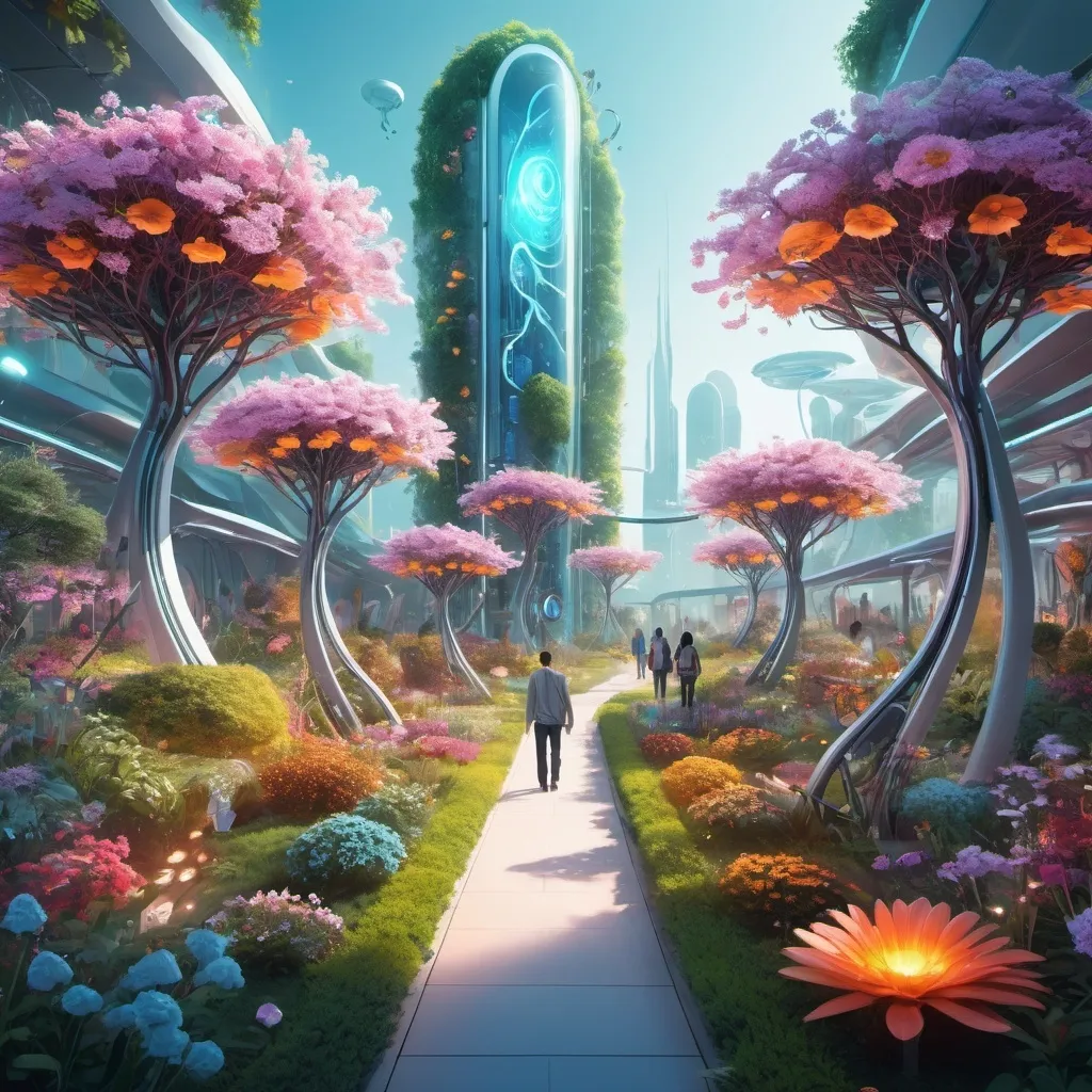 Prompt: An illustration of a future garden that having lots of Ai machine. People walking there to seeds their ideas in them