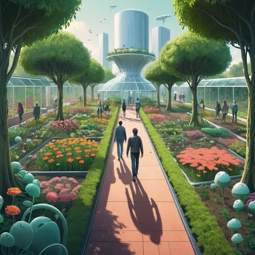 Prompt: An illustration of a future garden that having lots of Ai machine. People walking there to seeds their ideas in them