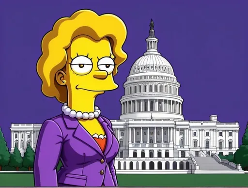 Prompt: can you generate simpson's lisa with purple suit as usa president, I want realistic cartoon stile, the background must be the capitol building