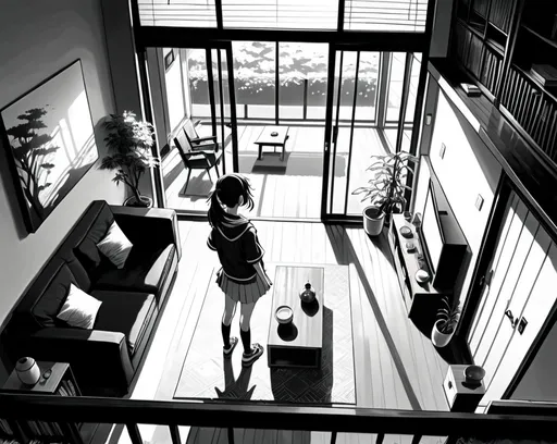Prompt: young GIRL school STUDENT Inside a modern house's living room, looking around, long shot,  above angle view, MORNING LIGHT, highly detailed, REALISTIC black and white, Japanese manga ANIME style,  –ar 3:2 –ar 3:2
