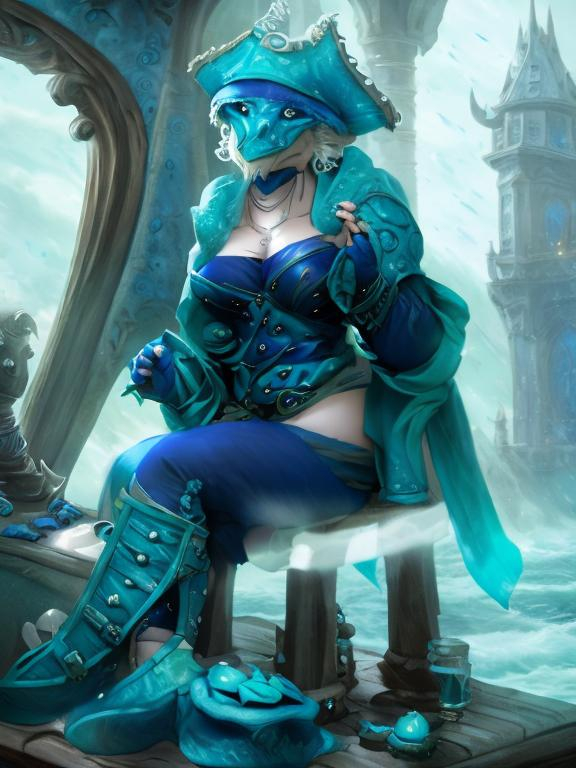 Prompt: a blue dragonborn pirate sorceress inside captain's quarters, a draconic visage, prominent blue scales cover face and cleavage, wearing a deep blue leather bodice decorated with  ocean swirls, sea green cloak that adds an ethereal touch, black leather pants, sturdy boots and fingerless gloves. frilled ears, 