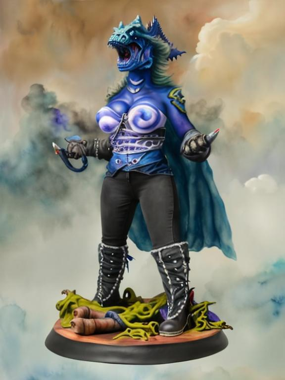 Prompt: A painting of a blue dragonborn pirate sorceress on a ship, wearing a deep blue leather bodice, storm clouds, with watercolors.