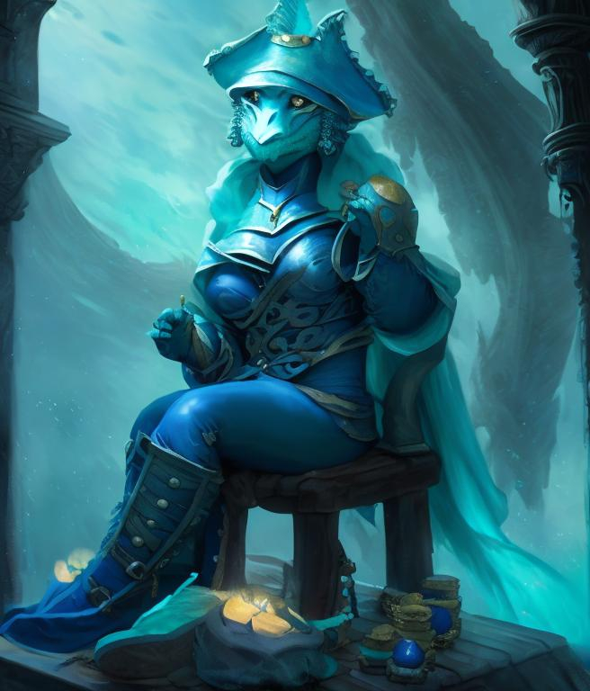 Prompt: a blue dragonborn pirate sorceress inside captain's quarters, a draconic visage, prominent blue scales with no skin, wearing a deep blue leather bodice decorated with  ocean swirls, sea green cloak that adds an ethereal touch, black leather pants, sturdy boots and fingerless gloves. frilled ears, 