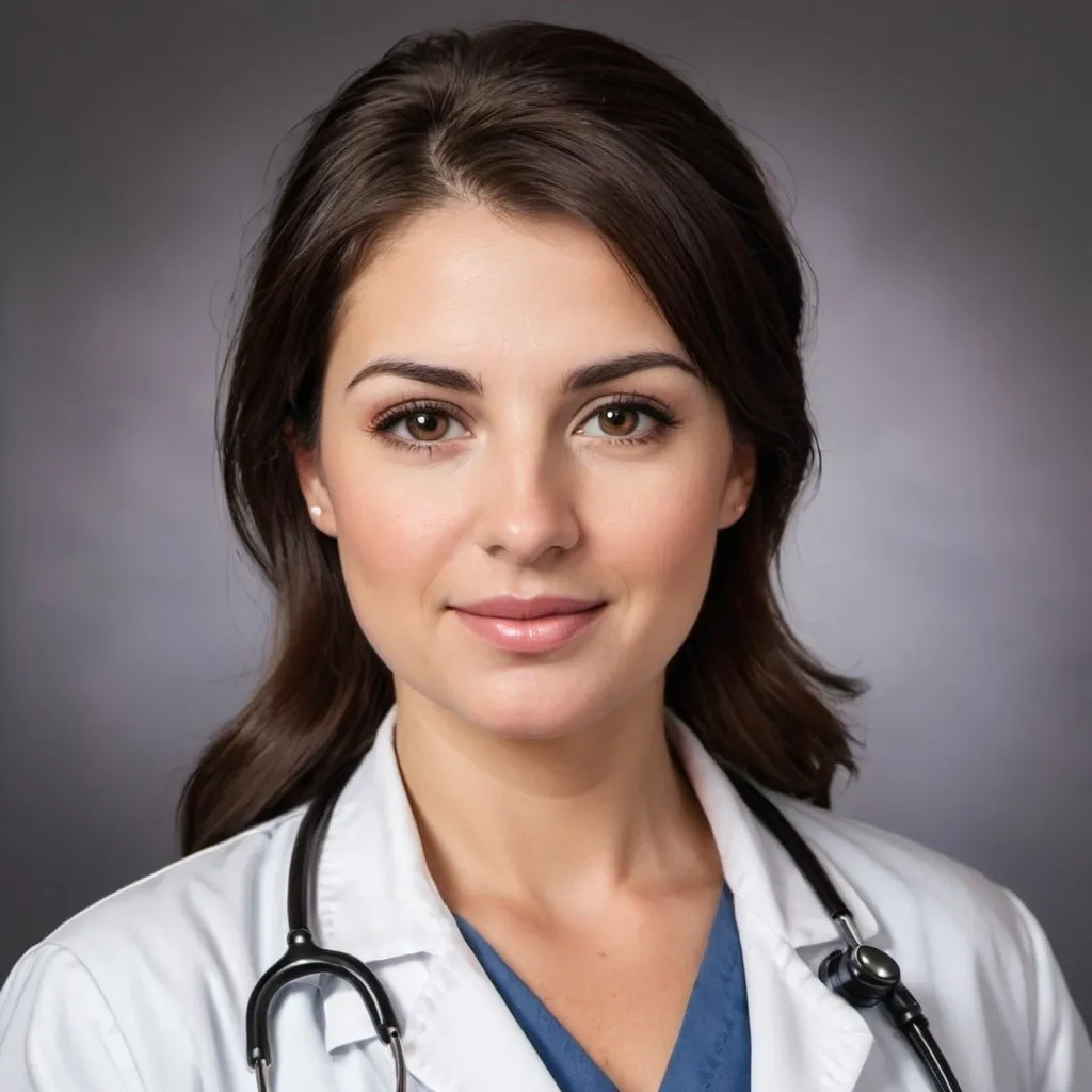 Prompt: caucasion brunette thick female physician with brown eyes