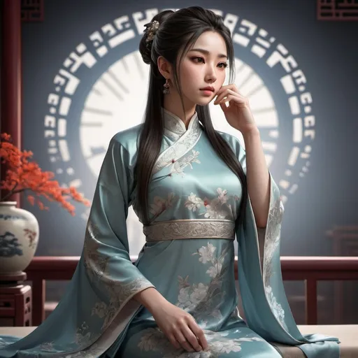 Prompt: thinking keshav, calm, serenity, high resolution, hyper realistic, intricate, majestic, perfect beauty, elegant, de noise, rtx, , delicate, elegant chinese dress, anime, front pose