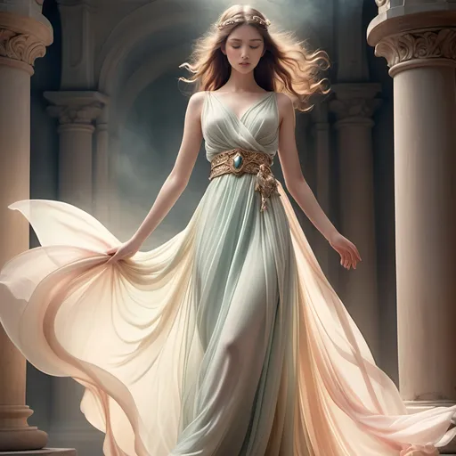 Prompt: (light and flaring gown) stunning woman's dress like in mythology dramas, (soft pastel colors) beautifully draping fabric, detailed stylish design, angel jewelry belt, ethereal ambiance, graceful silhouette, flowing movement, high-quality textile textures, (romantic atmosphere) delicate embellishments, soft sunlight casting a gentle glow, (ultra-detailed) enchanting setting, showcasing elegance and femininity, in off white background, without face