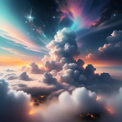 Prompt: a (heaven-like place) in the clouds, surrounded by soft, fluffy mist, stunning (night sky) adorned with (bright, colorful stars), warm and cool tonal contrasts, ethereal ambiance, tranquil and dreamy atmosphere, delicate cloud formations, intricate details in the celestial scenery, (ultra-detailed) and vibrant image quality, high depth cinematic masterpiece.