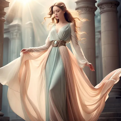 Prompt: (light and flaring gown) stunning woman's dress like in mythology dramas, (soft pastel colors) beautifully draping fabric, detailed stylish design, angel jewelry belt, ethereal ambiance, graceful silhouette, flowing movement, high-quality textile textures, (romantic atmosphere) delicate embellishments, soft sunlight casting a gentle glow, (ultra-detailed) enchanting setting, showcasing elegance and femininity, in off white background, without face