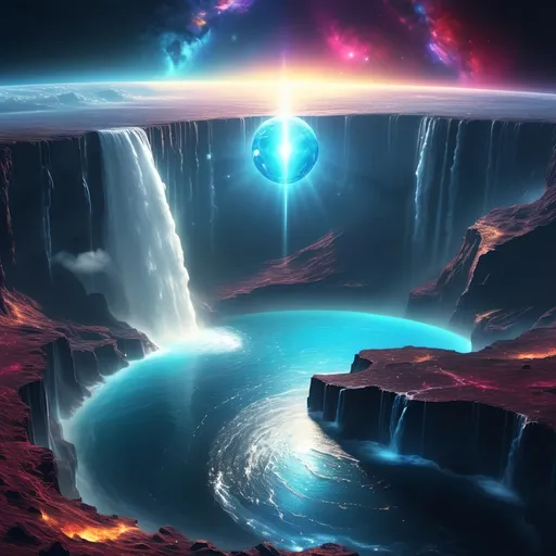 Prompt: (flat earth theory),, breathtaking cosmic landscape, (earth with slight tilt), shimmering sea water flowing away into space like a waterfall, transforming into sparkling vapor, vibrant colors, (high detail), captivating atmosphere, celestial bodies in the background, stunning contrasts of light and dark, ethereal glow, dreamlike quality, ultra-detailed, 4K quality.