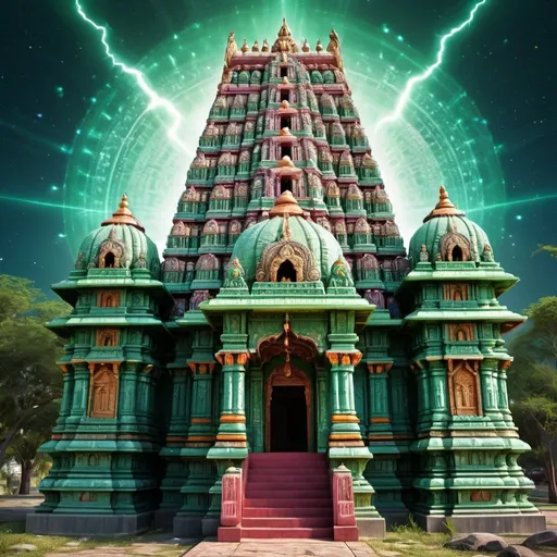 Prompt: hindu temple with gemstone texture, vibrant colors, greenish surrounding, high resolution, ultra detailed, sparkling textures, luxurious, majestic, radiant, intricate details, cosmic lightning