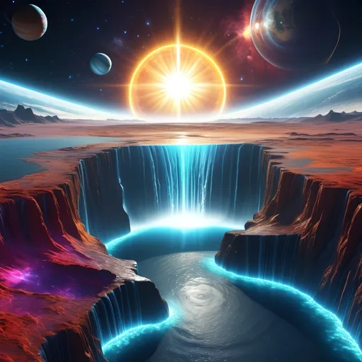 Prompt: (flat earth theory), (solar system view), breathtaking cosmic landscape, (earth with slight tilt), shimmering sea water flowing away into space like a waterfall, transforming into sparkling vapor, vibrant colors, (high detail), captivating atmosphere, celestial bodies in the background, stunning contrasts of light and dark, ethereal glow, dreamlike quality, ultra-detailed, 4K quality.