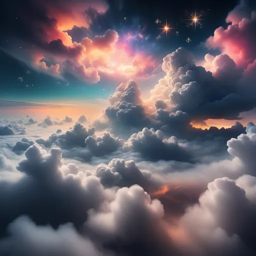 Prompt: a (heaven-like place) in the clouds, surrounded by soft, fluffy mist, stunning (night sky) adorned with (bright, colorful stars), warm and cool tonal contrasts, ethereal ambiance, tranquil and dreamy atmosphere, delicate cloud formations, intricate details in the celestial scenery, (ultra-detailed) and vibrant image quality, high depth cinematic masterpiece.