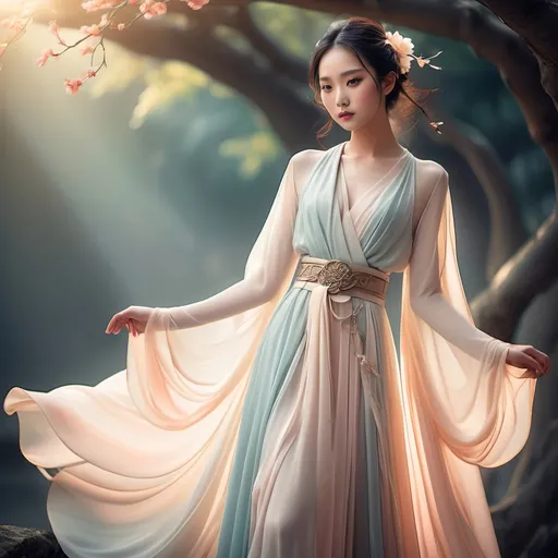 Prompt: (light and flaring gown) stunning woman's dress like in chinese mythology dramas, (soft pastel colors) beautifully draping fabric, detailed stylish design, angel jewelry belt, ethereal ambiance, graceful silhouette, flowing movement, high-quality textile textures, (romantic atmosphere) delicate embellishments, soft sunlight casting a gentle glow, (ultra-detailed) enchanting setting, showcasing elegance and femininity, in off white background