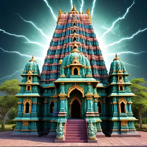 Prompt: hindu temple with gemstone texture, vibrant colors, greenish surrounding, high resolution, ultra detailed, sparkling textures, luxurious, majestic, radiant, intricate details, cosmic lightning, unique colors, yellow, blue