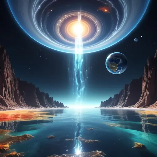 Prompt: (flat earth theory), (solar system view), breathtaking cosmic landscape, (earth with slight tilt), shimmering sea water flowing away into space like a waterfall, transforming into sparkling vapor, vibrant colors, (high detail), captivating atmosphere, celestial bodies in the background, stunning contrasts of light and dark, ethereal glow, dreamlike quality, ultra-detailed, 4K quality.