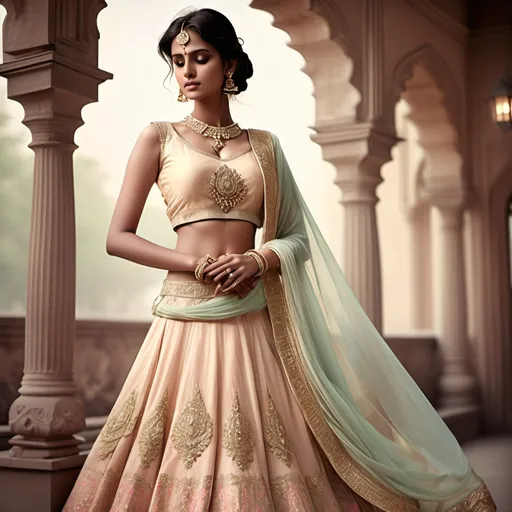 Prompt: (light and flaring gown) stunning woman's lehenga, (soft pastel colors) beautifully draping fabric, detailed stylish design, angel jewelry belt, ethereal ambiance, graceful silhouette, flowing movement, high-quality textile textures, (romantic atmosphere) delicate embellishments, soft sunlight casting a gentle glow, (ultra-detailed) enchanting setting, showcasing elegance and femininity, in off white background