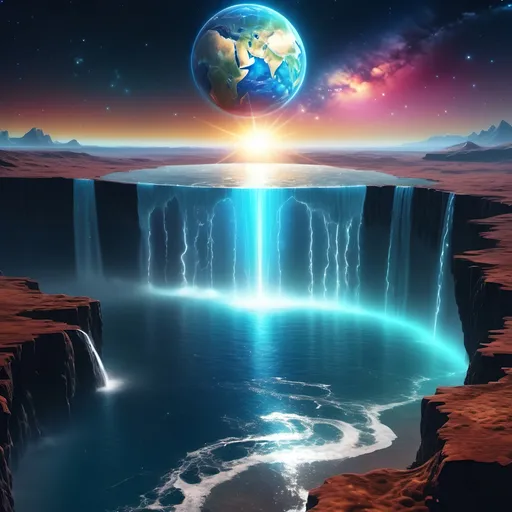 Prompt: (flat earth theory),, breathtaking cosmic landscape, (earth with slight tilt), shimmering sea water flowing away into space like a waterfall, transforming into sparkling vapor, vibrant colors, (high detail), captivating atmosphere, celestial bodies in the background, stunning contrasts of light and dark, ethereal glow, dreamlike quality, ultra-detailed, 4K quality.