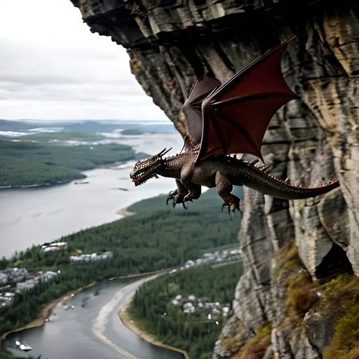 Prompt: Dragon starts flying, lifting från a cliff