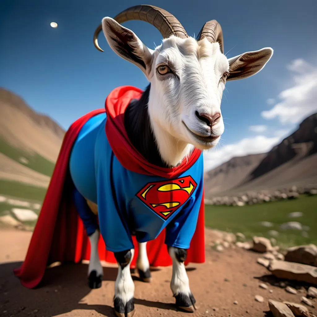 Prompt: An interestellar goat with Superman cape and powers