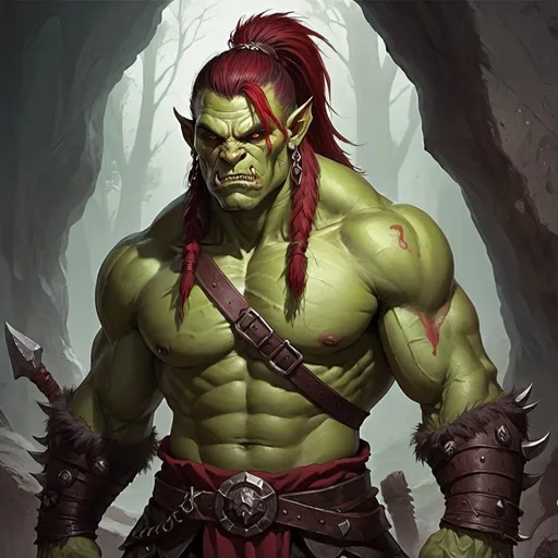 Prompt: dungeons and dragons fantasy art male young green orc berserker with dark red ponytail