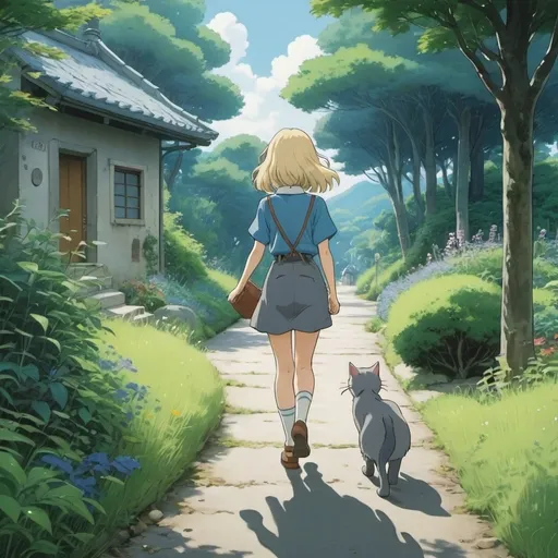 Prompt: 2d studio ghibli anime style, blonde girl walking away, grey cat with blue collar walking with her, greenery 
