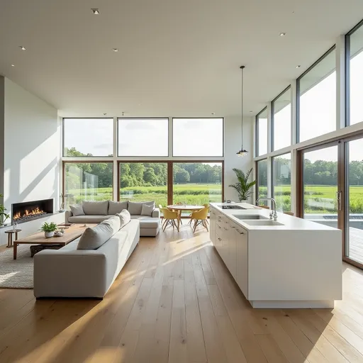 Prompt: Huge open area, white walls, natural materials, living room to the left, island kitchen and eating area right, big windows to fields