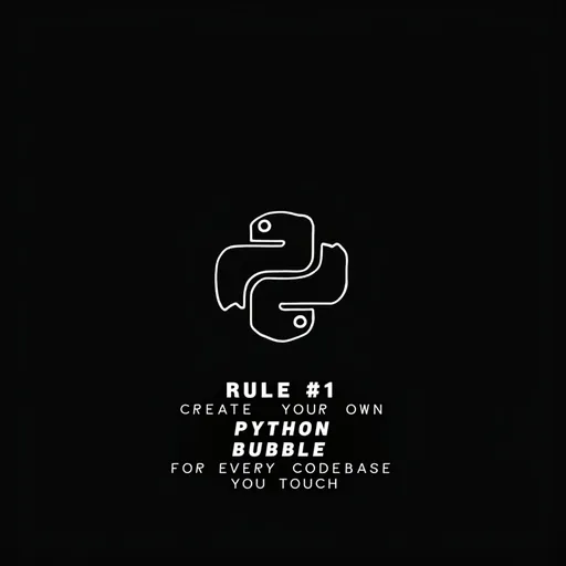 Prompt: A minimalist digital illustration: a simple white line-drawn bubble enclosing the Python logo, centered on a solid black background. Below the bubble, bold white text reads 'RULE #1' followed by 'CREATE YOUR OWN PYTHON BUBBLE' and 'FOR EVERY CODEBASE YOU TOUCH', all centered and in uppercase. The design is clean, with high contrast and ample negative space, emulating the NeuronVisuals style