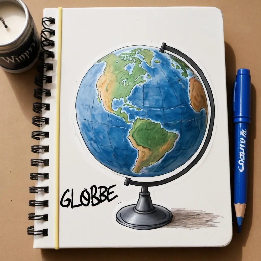 Prompt: Leaning on a table with a picture of the earth on a slightly torn string notebook with the word globe written on top of it, a wimpy-kid style painting