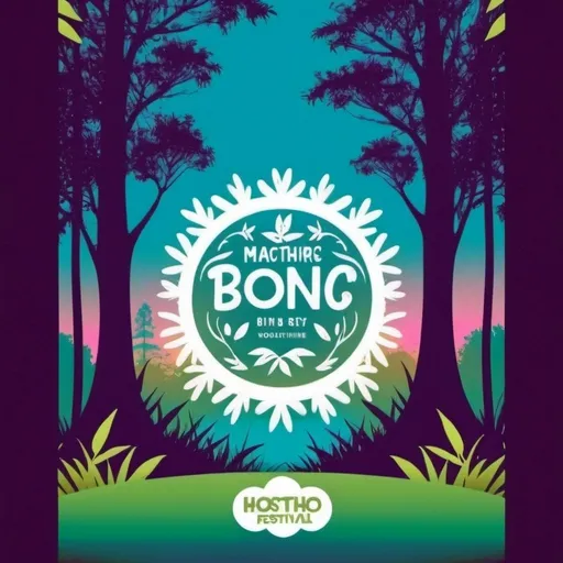 Prompt: Festival flyer, woodland setting, summertime, vivid, professional, high resolution, enchanted wood, trees, grass, hi-resolution, silhouette, line drawing, plain space in centre of image, greens, blue sky, clear space at top of image