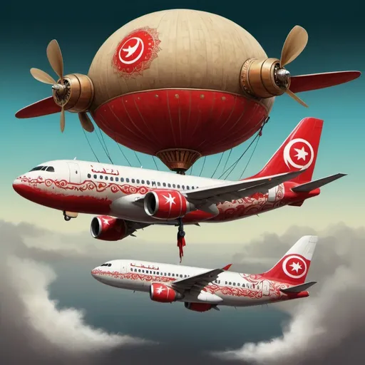 Prompt: A surreal digital painting.

An airplane wears a stylized Tunisian chechia and a jebba.