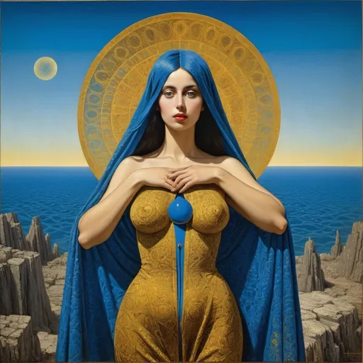 Prompt: "Infinite Love's Tapestry: Azure and Gold by Max Ernst". Painting by Max Ernst where A beautiful tunisian woman draped into endless blue and gold tapestry.