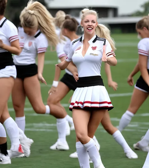 Prompt: A caucasian blonde cheer leeder wearing white snickers, white socks, super short skirt and football kit showing cleavage with ponytail 