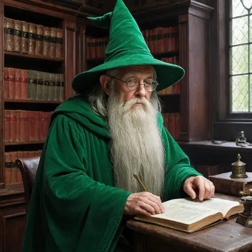 Prompt: an old wizard in his studies, in green robes