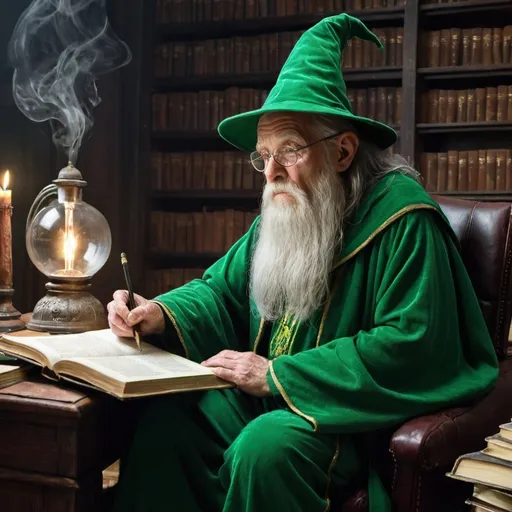 Prompt: an old wizard in his studies, in green robes