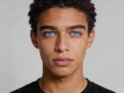 Prompt: This is a photograph of a young man with a close-up, head-and-shoulders portrait. He has dark, curly hair that is African. His eyebrows are dark and well-defined, and he has light blue eyes that are looking directly at the camera with a neutral expression. His skin is tanned with a smooth texture, and he has a few small freckles on his cheeks. He is wearing a simple black top. The background is a plain, light gray color that keeps the focus on his face. The lighting is soft and even, highlighting the natural tones of his skin and hair. His hair is neatly styled, giving him a clean and well-groomed appearance without looking overly polished. The overall style of the photograph is minimalistic and contemporary, emphasizing a natural, authentic look. The image is centered on his face with a close-up perspective that fills most of the frame, keeping him as the primary focus. He has no visible makeup, maintaining a fresh and realistic presentation.
