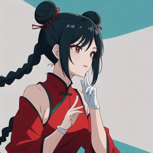 Prompt: Create a Female Character based on Chinese Culture. Give her dark-teal hair with buns and braids, and she’s wearing a red Qipao. Her eyes are teal, and a white cloth encapsulates her hair buns. They have short red-shorts.
- Anime, Chinese Master, High-res, white gloves that make fingers protrude, cheerful look