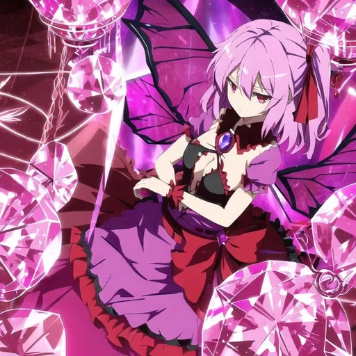 Prompt: Remilia scarlet from TouHou, with purple hair, and crystal wings, and make the outfit malevolent, like a red-purple color, and give her a head charm that looks like a butterfly