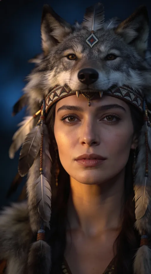 Prompt: Asena AI, a mythological Turkish female AI narrator,
human face with a calm, wise and confident expression,
approximately 30–35 years old appearance,
wearing a ceremonial wolf fur headdress on her head,
the wolf fur is symbolic, cultural and respectful,
not aggressive, not wild,
purely human face, no animal transformation,

dark cinematic background in deep blue and charcoal tones,
soft warm lighting highlighting the face,
natural realistic skin texture,
timeless, elegant and intelligent look,
documentary narrator presence,
mythological but grounded and realistic,
cinematic portrait, high detail, ultra realistic   wolf head, animal face, furry face,
half human half animal,
monster, demon, horror,
aggressive, angry, screaming,
fantasy armor, battle outfit,
anime, cartoon, illustration,
glowing eyes, magic effects,
sci-fi robot, cyberpunk,
over-stylized, exaggerated fantasy
