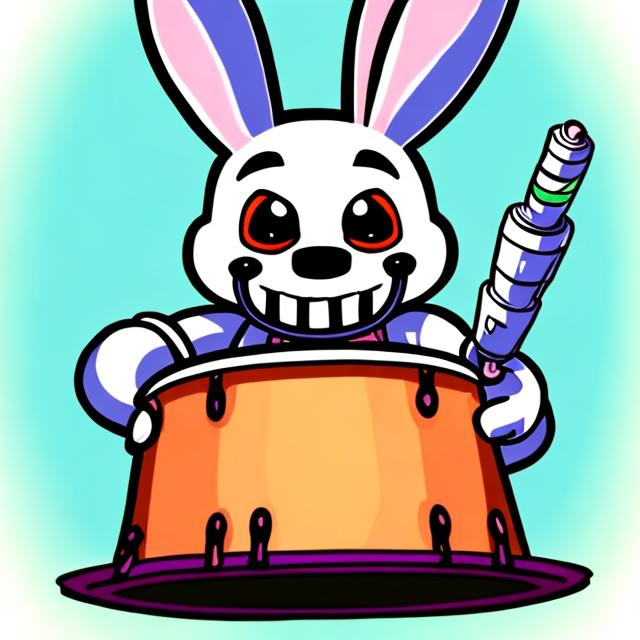 Prompt: Draw a giant five nights at freddys bunny robot sitting on a drum juggiling carrots