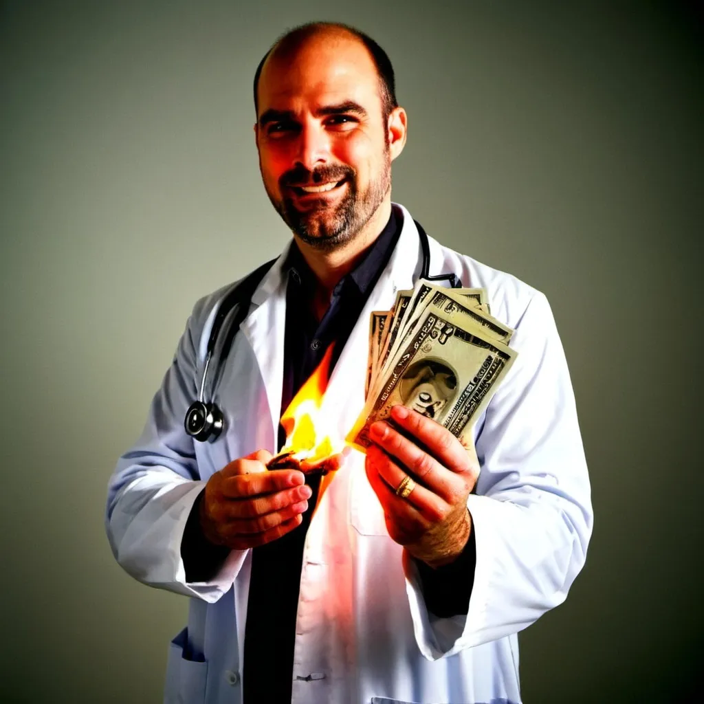 Prompt: burning money in hand doctor is not smiling 
